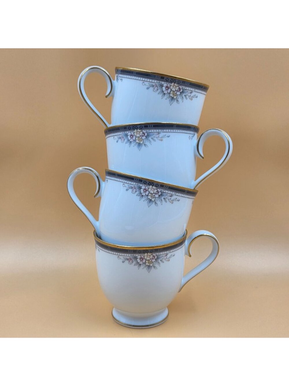 Noritake Ontario Set of 4 Footed Cup and Saucer Blue Gray Band White Pink Flower - Picture 3 of 16